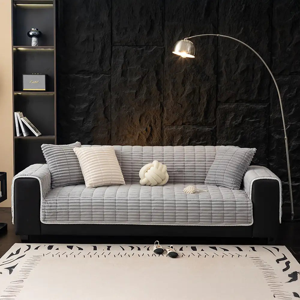Waterproof One Piece Flannel Sofa Cover with Non Slip Backing and Washable Design