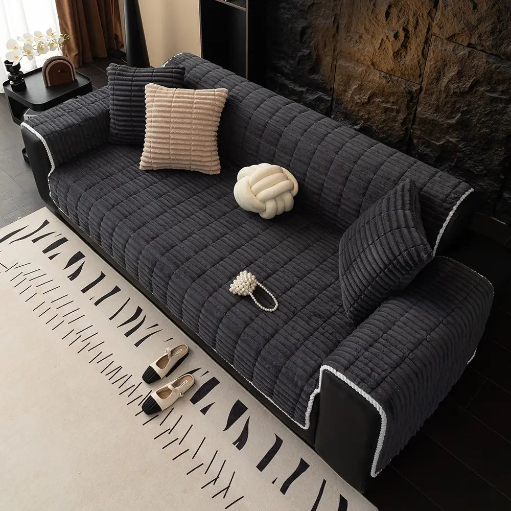 Waterproof One Piece Flannel Sofa Cover with Non Slip Backing and Washable Design