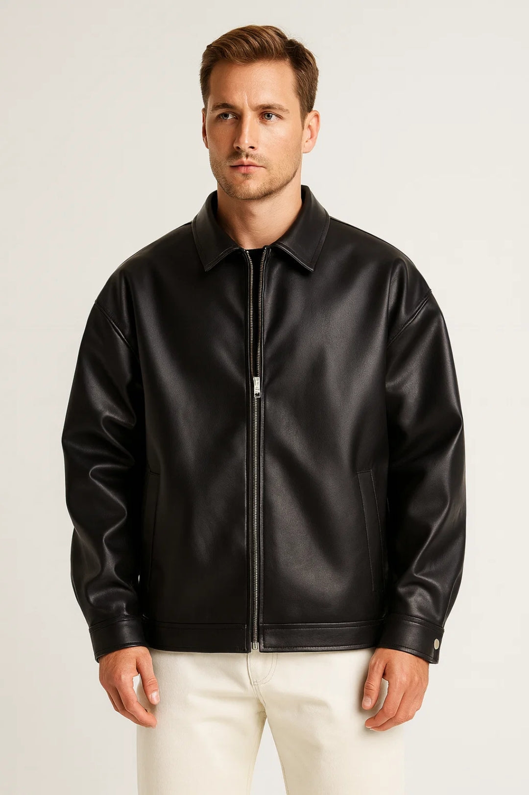 Zip-Through Oversized Leather-Look Jacket for Men in Black