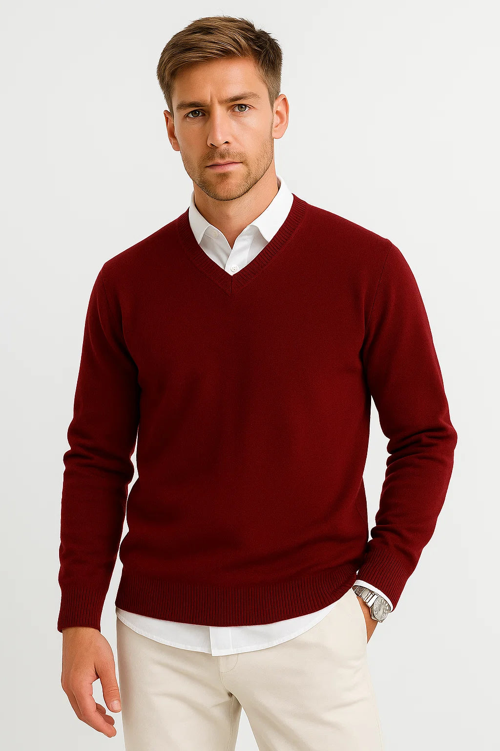 Men's V-Neck Wool-Blend Lightweight Knit