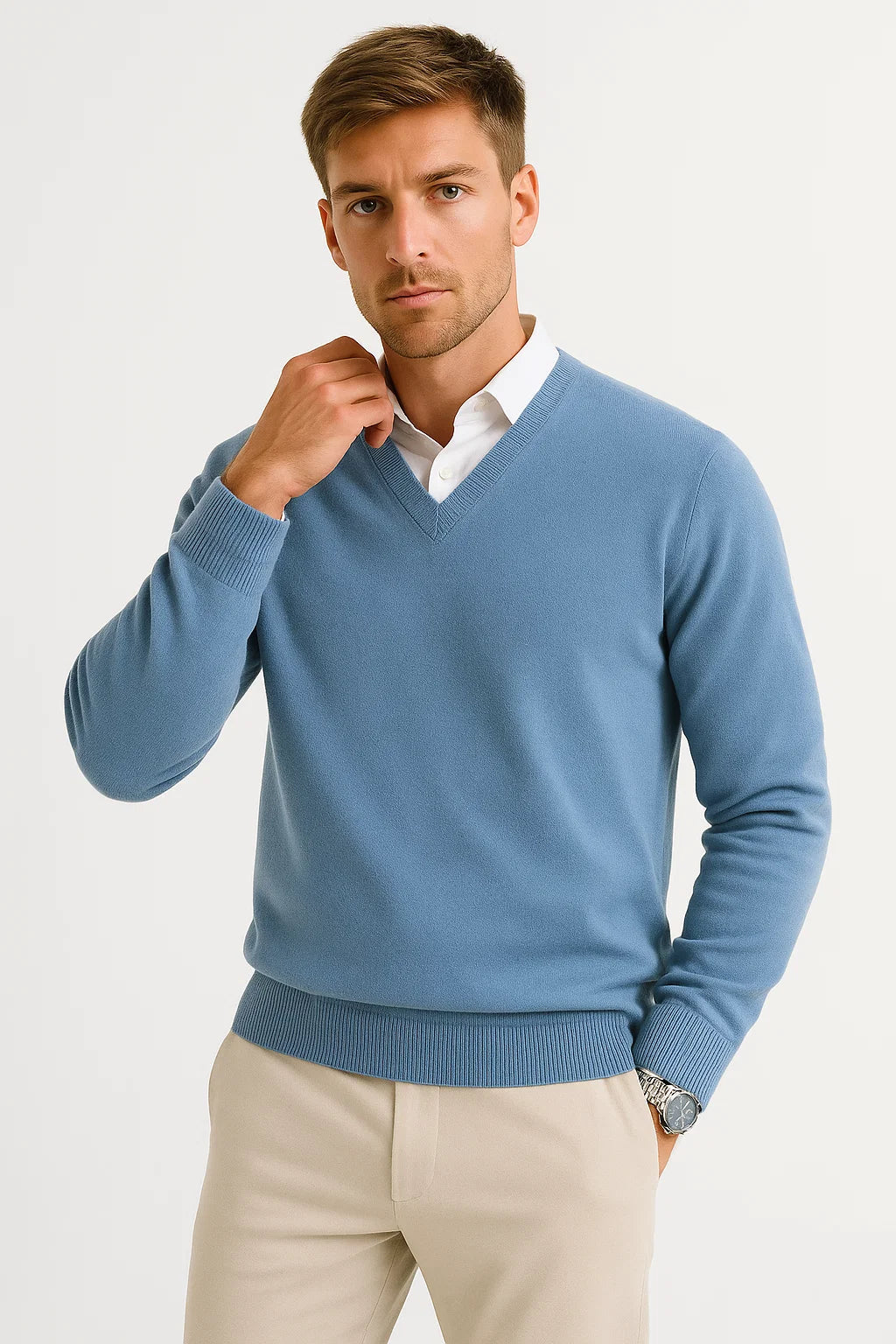 Men's V-Neck Wool-Blend Lightweight Knit