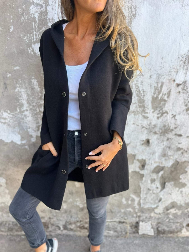 Knee Length Hooded Coat for Women with Patch Pockets (3)