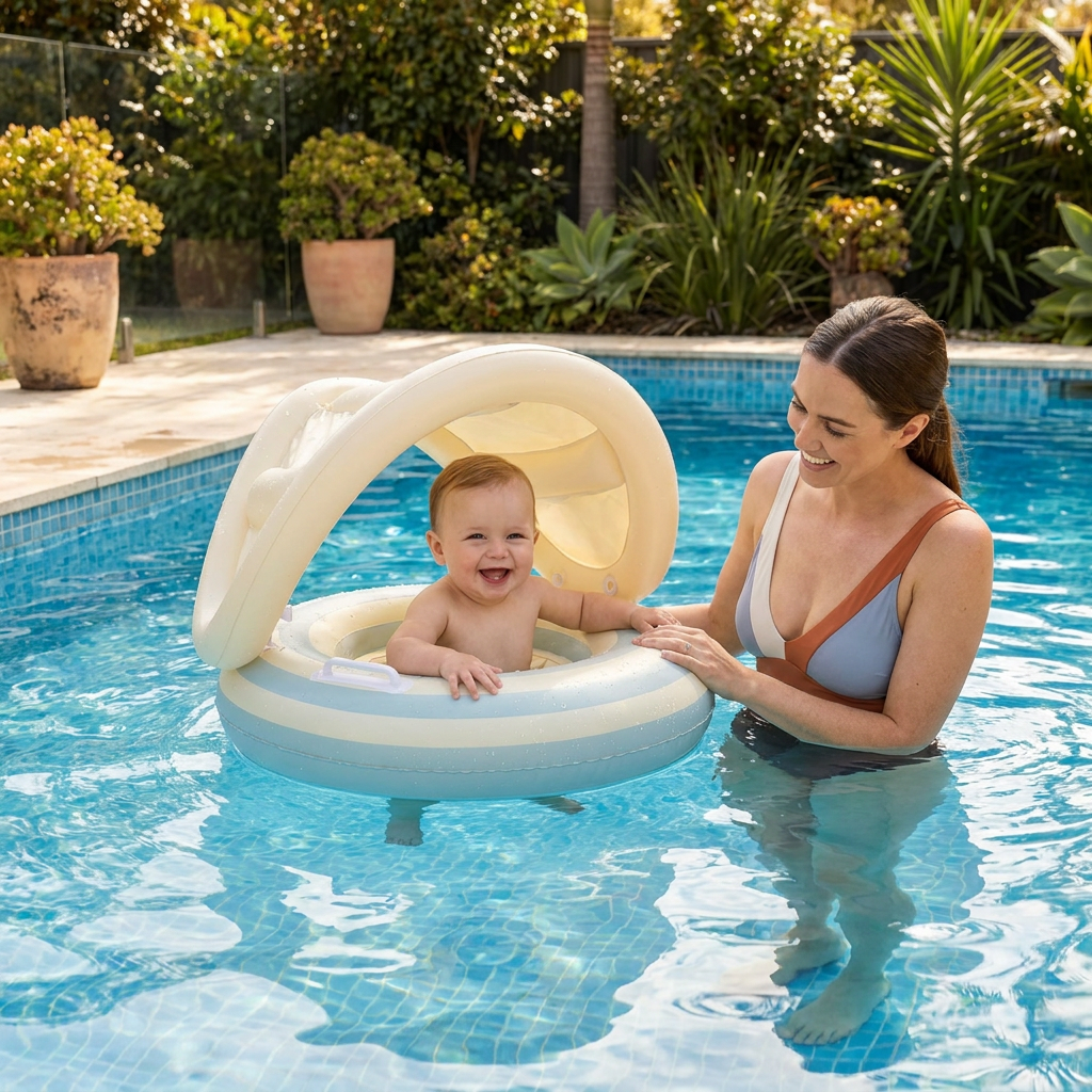 Inflatable Retro Lollipop Baby Swim Ring with Removable Sun Canopy – Secure Seat for 6–36 Months 0