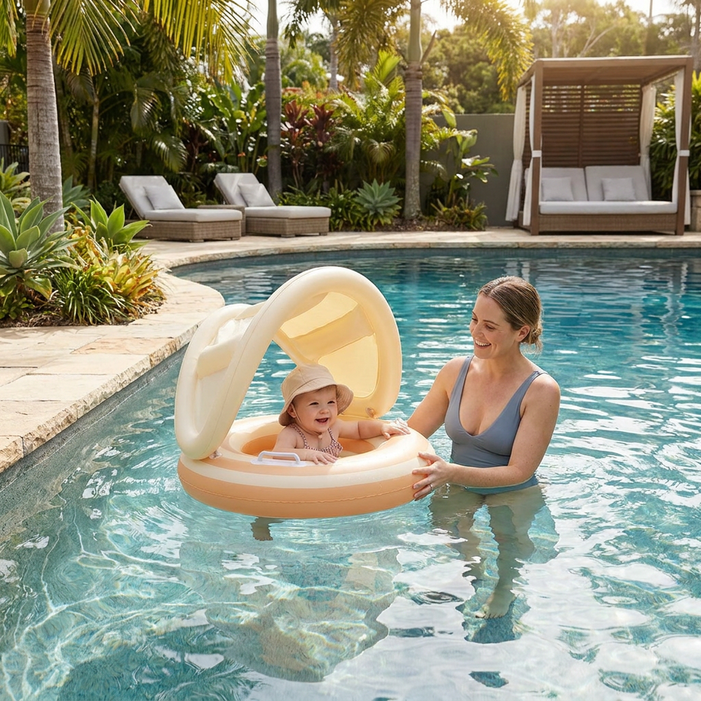 Inflatable Retro Lollipop Baby Swim Ring with Removable Sun Canopy – Secure Seat for 6–36 Months 1