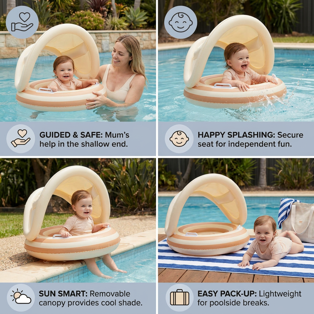 Inflatable Retro Lollipop Baby Swim Ring with Removable Sun Canopy – Secure Seat for 6–36 Months 4
