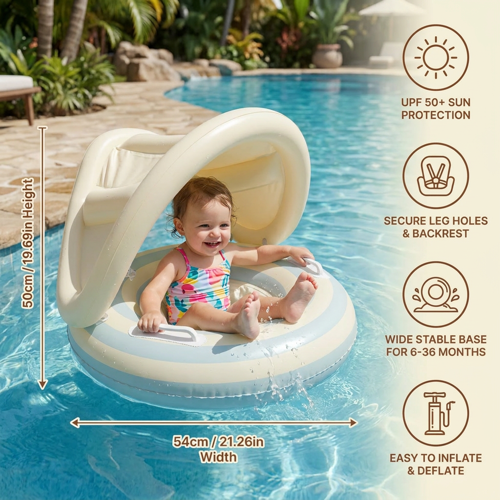Inflatable Retro Lollipop Baby Swim Ring with Removable Sun Canopy – Secure Seat for 6–36 Months 5