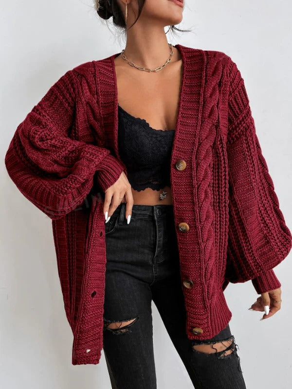 Oversized Cable Knit Cardigan for Women in Red