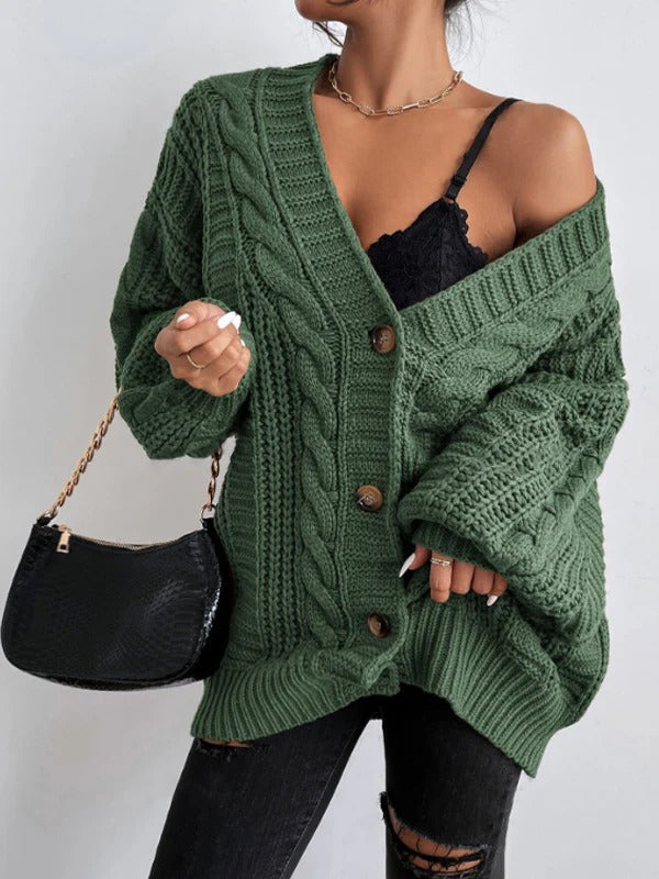 Oversized Cable Knit Cardigan for Women in Green
