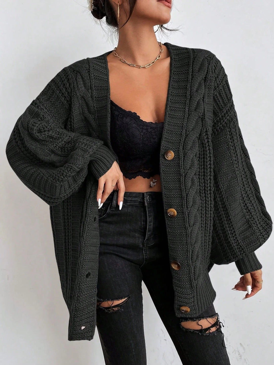 Oversized Cable Knit Cardigan for Women in Black