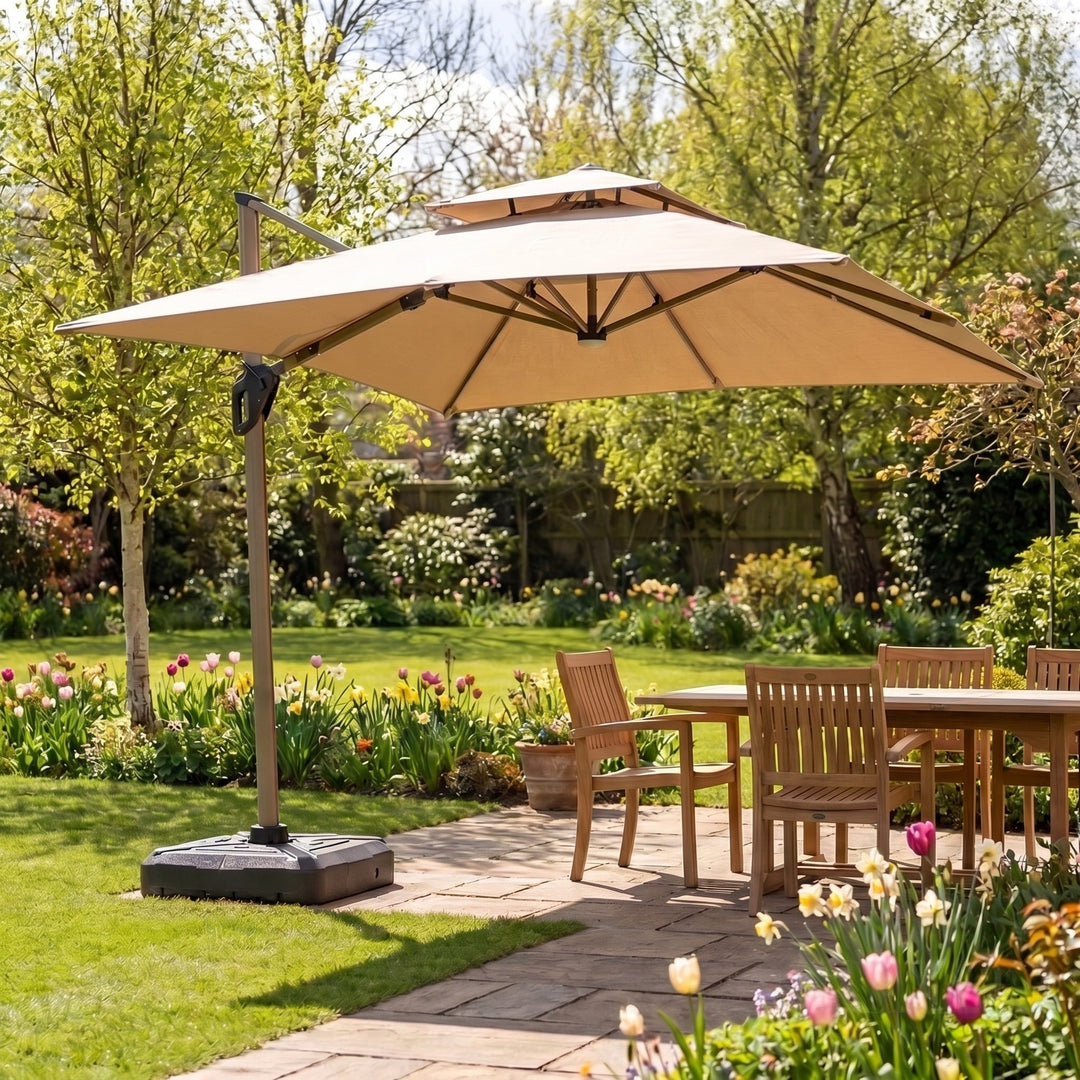 Outdoor Cantilever Parasol with 360° Rotation and Solar LED Lighting 0