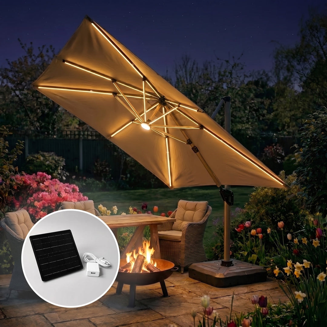 Outdoor Cantilever Parasol with 360° Rotation and Solar LED Lighting 2