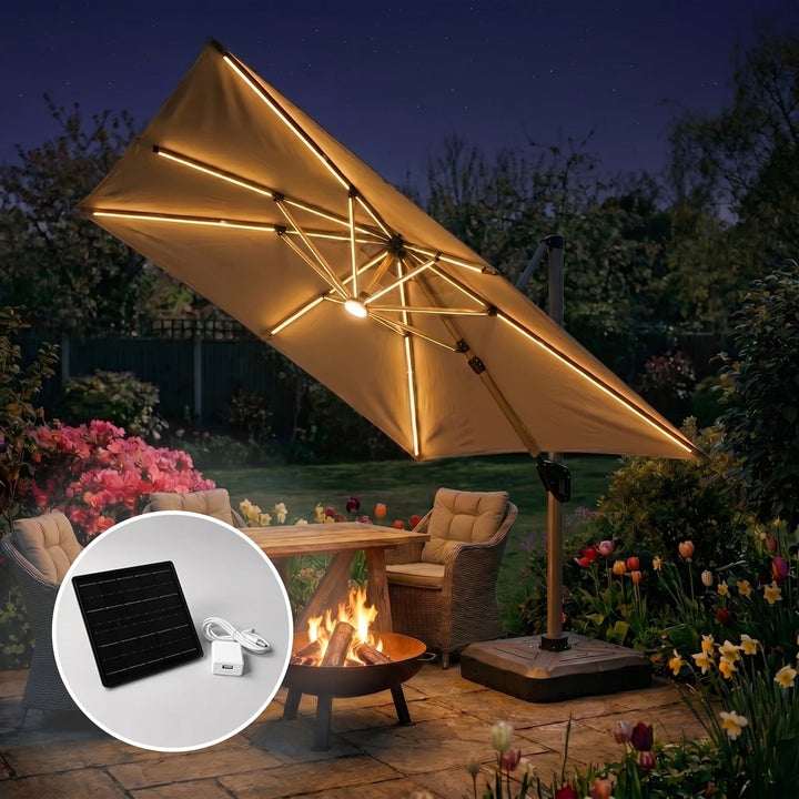 Outdoor Cantilever Parasol with 360° Rotation and Solar LED Lighting 2