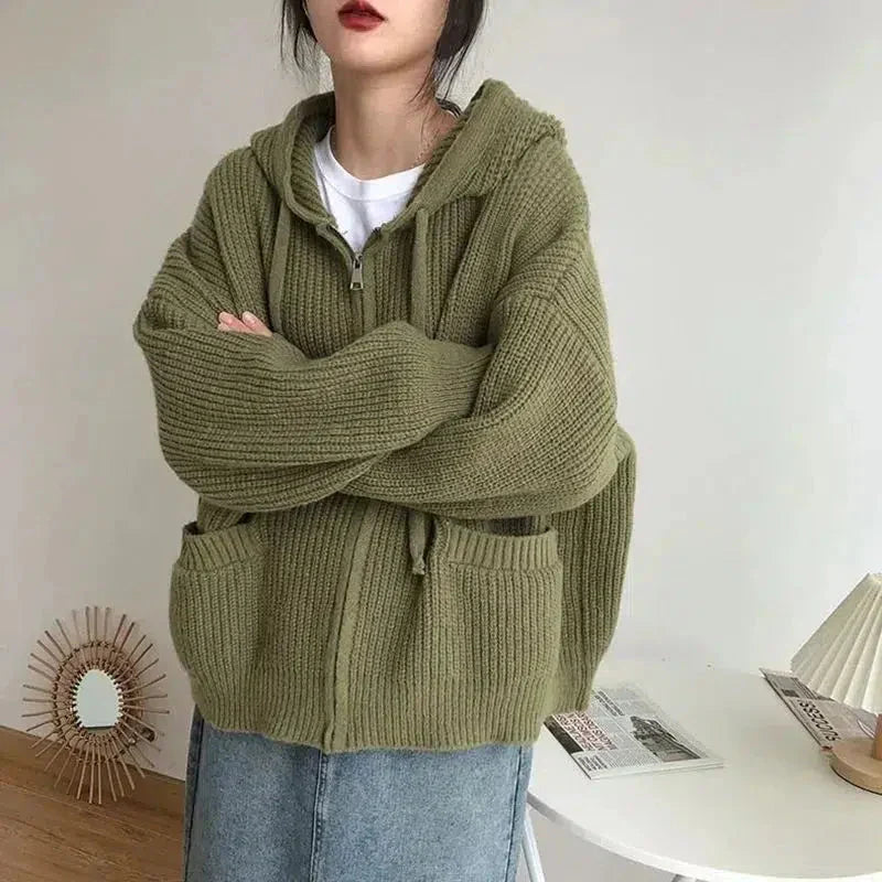 Zip-Through Oversized Cardigan for Women in Green in Green