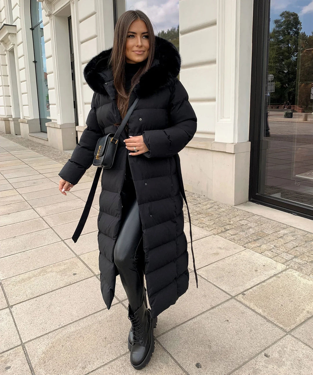 Belted Maxi Puffer Coat for Women with Trimmed Hood (3)
