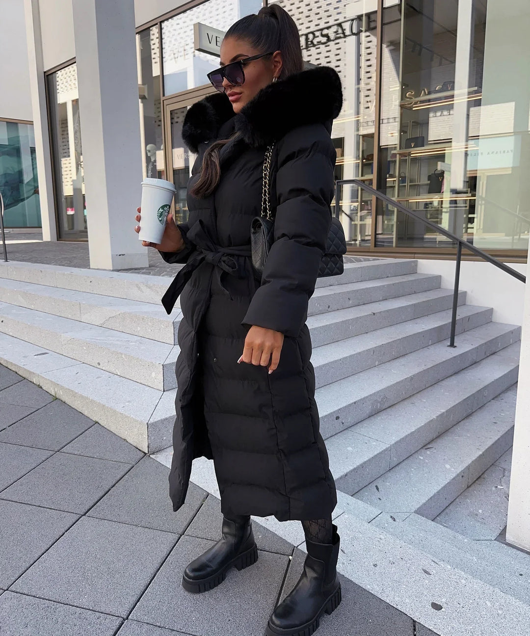 Belted Maxi Puffer Coat for Women with Trimmed Hood (6)