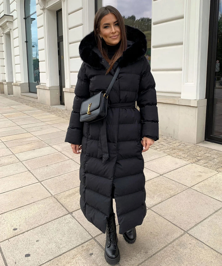 Belted Maxi Puffer Coat for Women with Trimmed Hood (7)