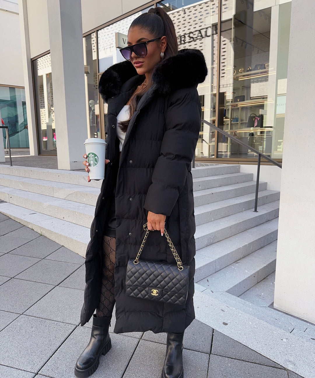 Belted Maxi Puffer Coat for Women with Trimmed Hood (1)