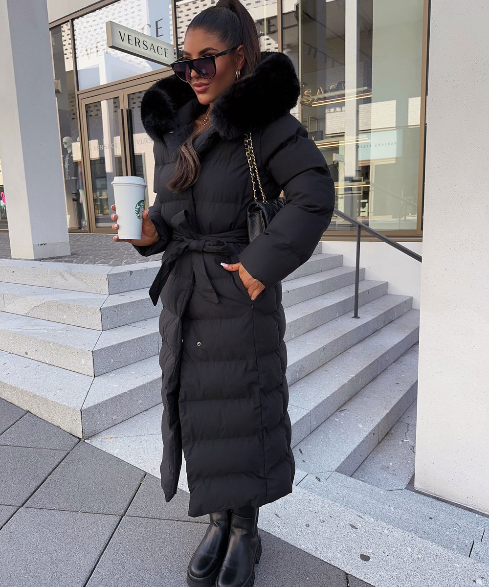 Belted Maxi Puffer Coat for Women with Trimmed Hood (2)