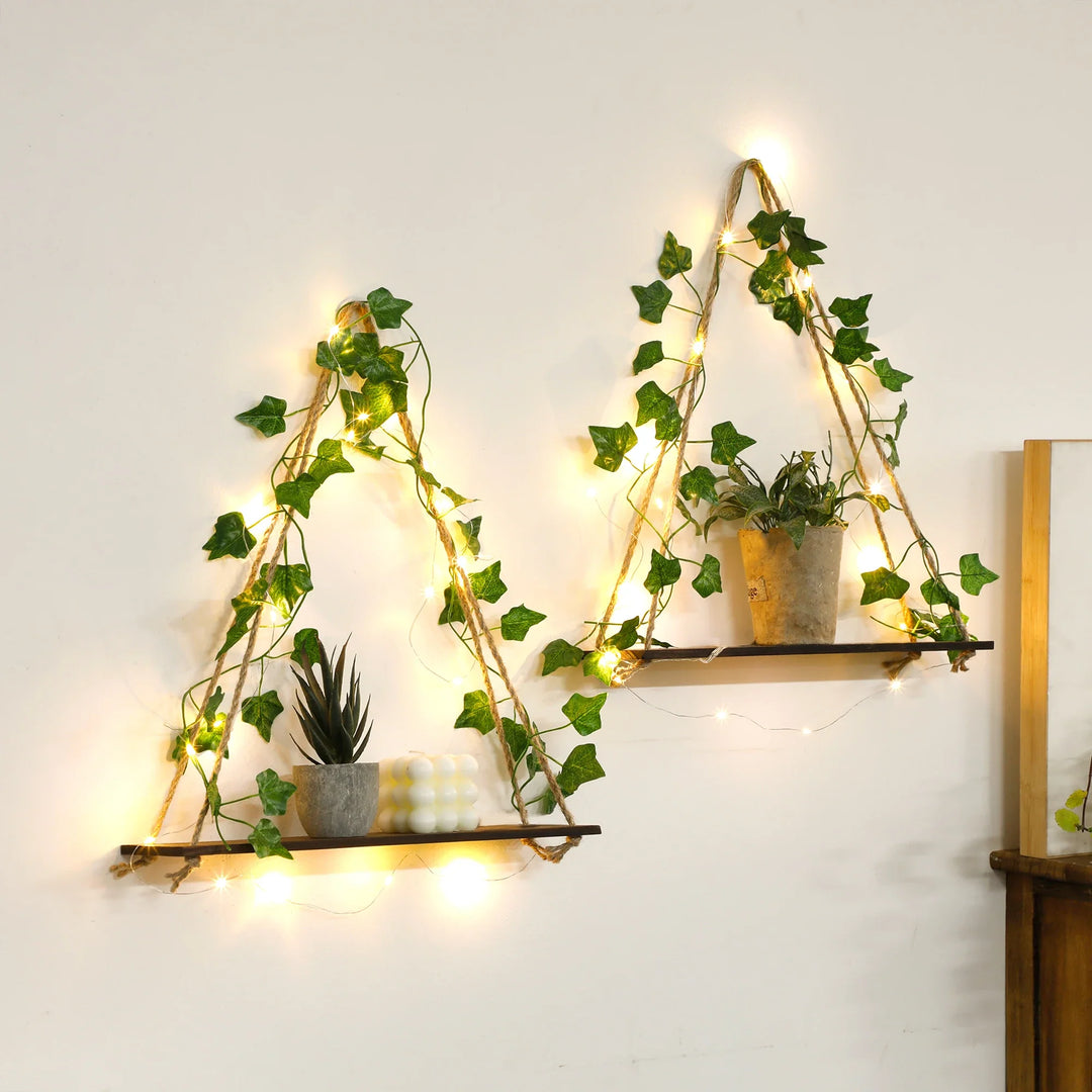 LED Floating Wall Shelf Boho Wooden Hanging Shelf with Leaf Decor