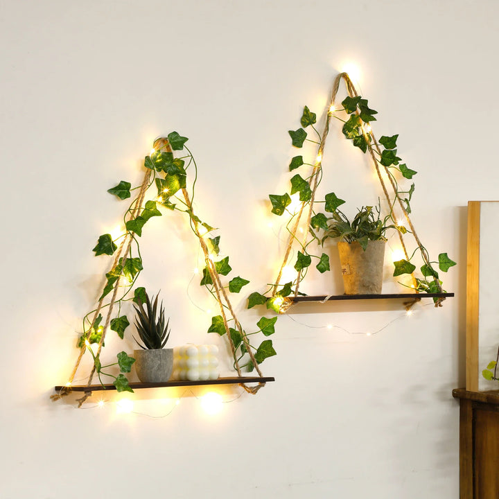 LED Floating Wall Shelf Boho Wooden Hanging Shelf with Leaf Decor
