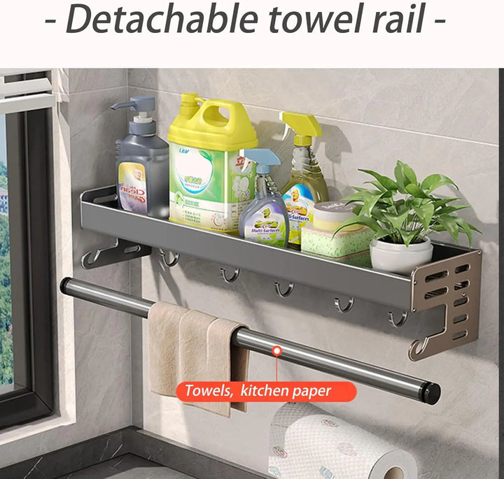 Wall Mount Utensil Holder Kitchen Storage Shelf with Hooks Spice Rack