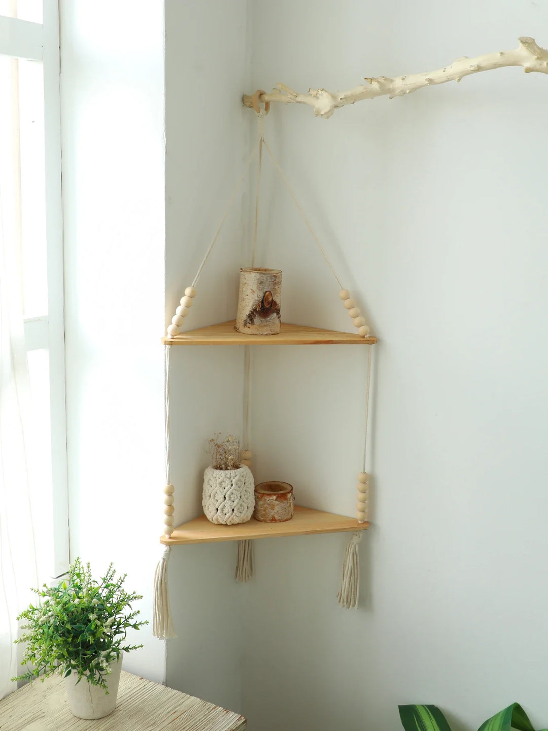 Wooden Corner Floating Macrame Shelf Boho Wall Organiser Plant Candle