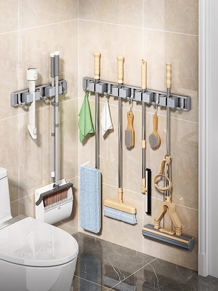 Wall Mounted Mop and Broom Holder Rack Aluminium Organiser with Hooks