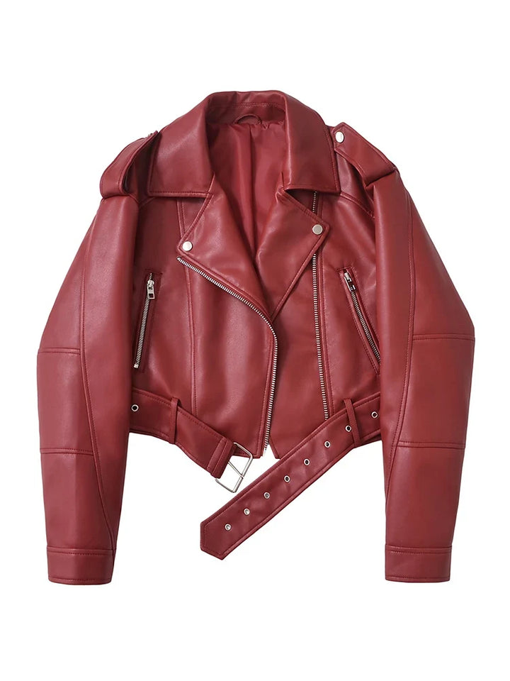 Women's Belted Zip-Through Leather-Look Jacket in Red
