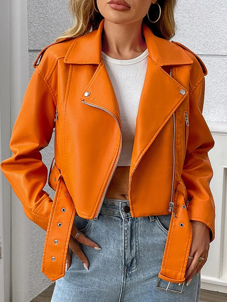Women's Belted Zip-Through Leather-Look Jacket in Orange