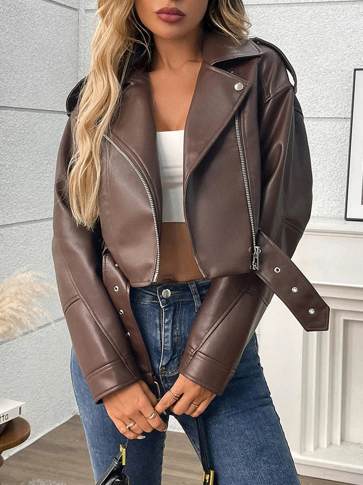 Women's Belted Zip-Through Leather-Look Jacket, image 10