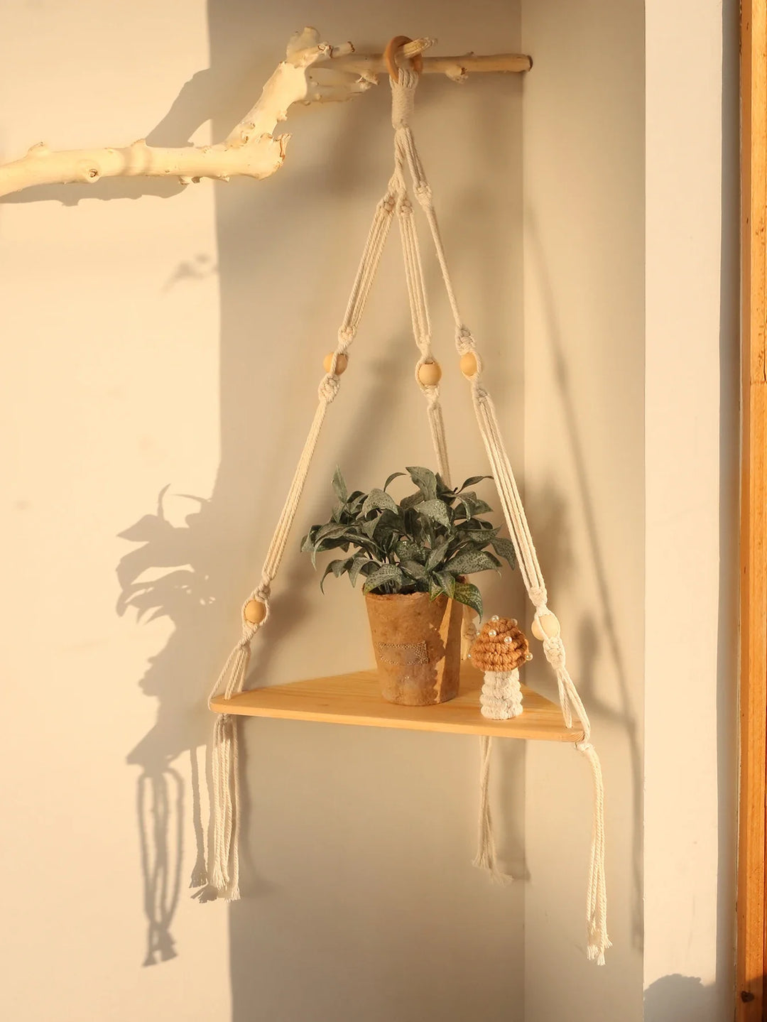 Wooden Corner Floating Macrame Shelf Boho Wall Organiser Plant Candle