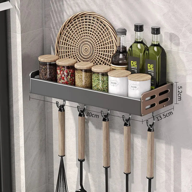 Wall Mount Utensil Holder Kitchen Storage Shelf with Hooks Spice Rack