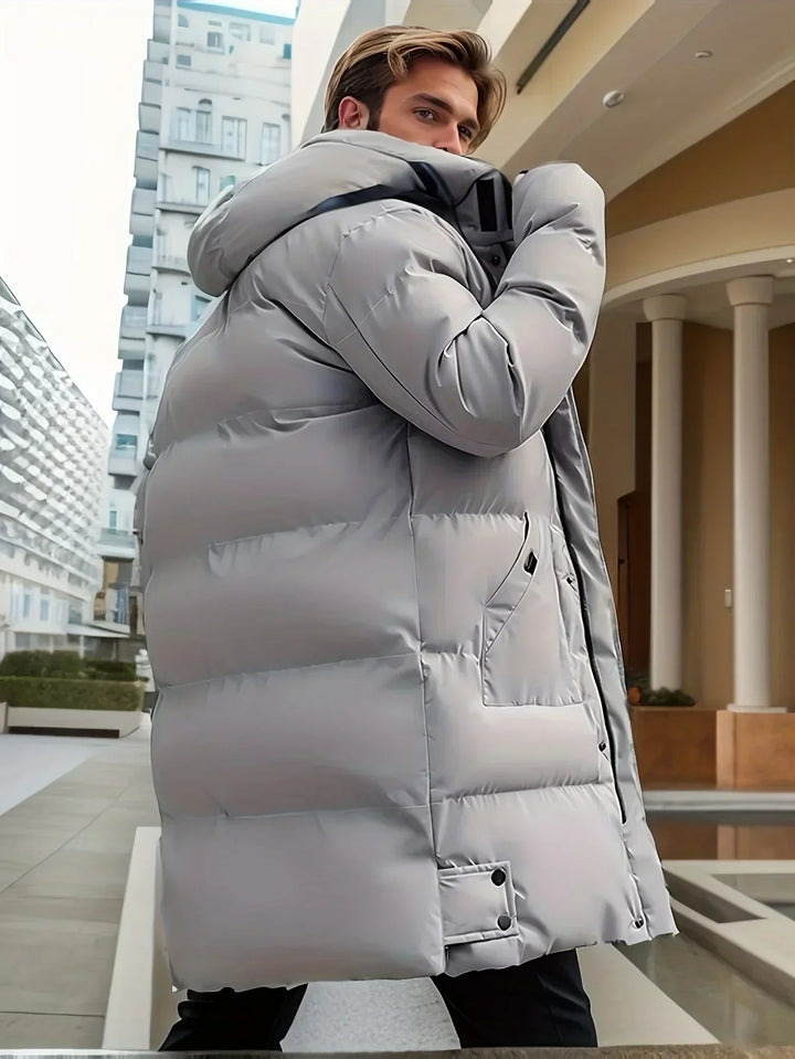 Mid Length Hooded Puffer Coat for Men with Drawstring Hood (4)