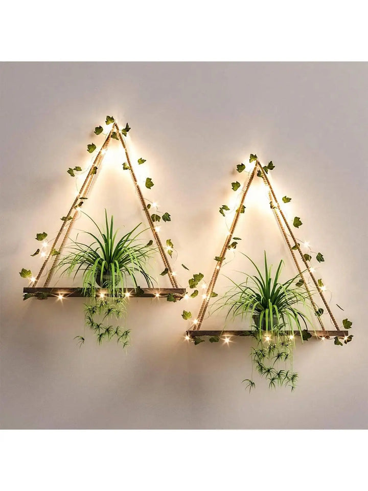 LED Floating Wall Shelf Boho Wooden Hanging Shelf with Leaf Decor