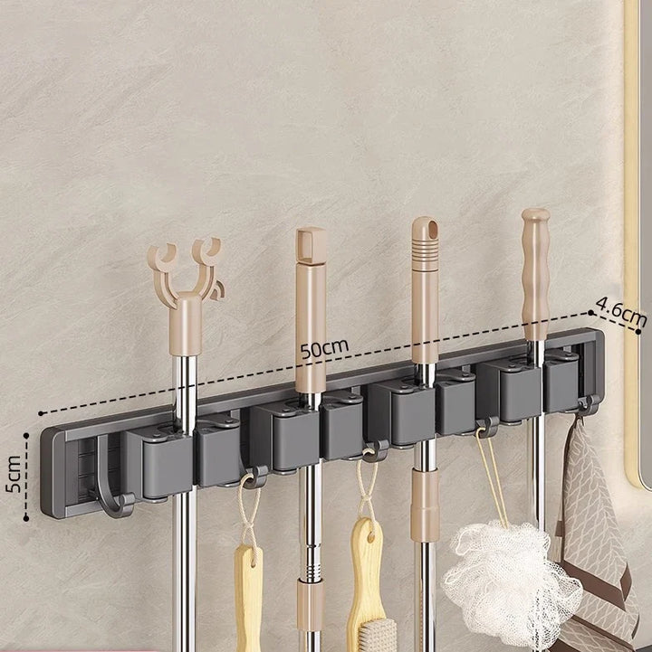 Wall Mounted Mop and Broom Holder Rack Aluminium Organiser with Hooks