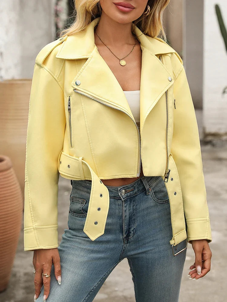 Women's Belted Zip-Through Leather-Look Jacket in Yellow