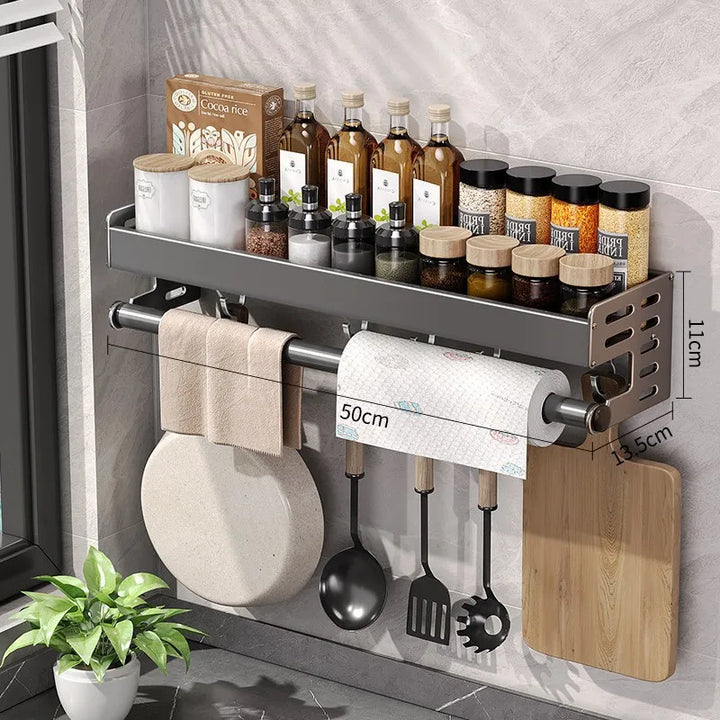 Wall Mount Utensil Holder Kitchen Storage Shelf with Hooks Spice Rack