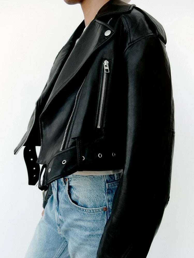 Women's Belted Zip-Through Leather-Look Jacket in Black, image 1