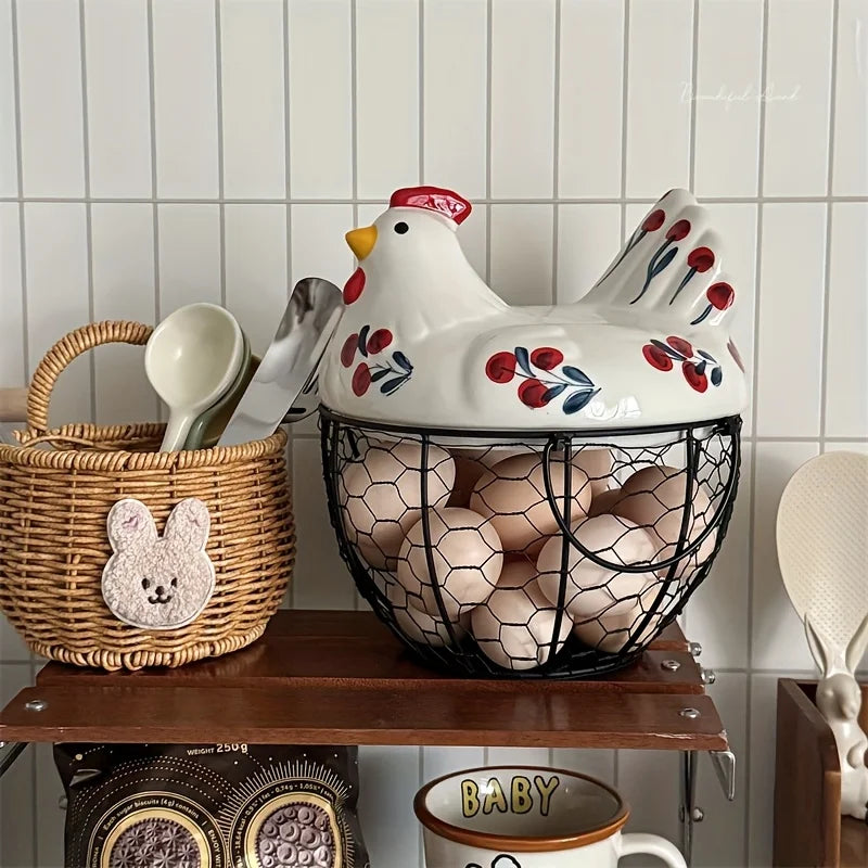 Clovelle Hen Ceramic Egg Holder Basket – Farmhouse Chicken Egg