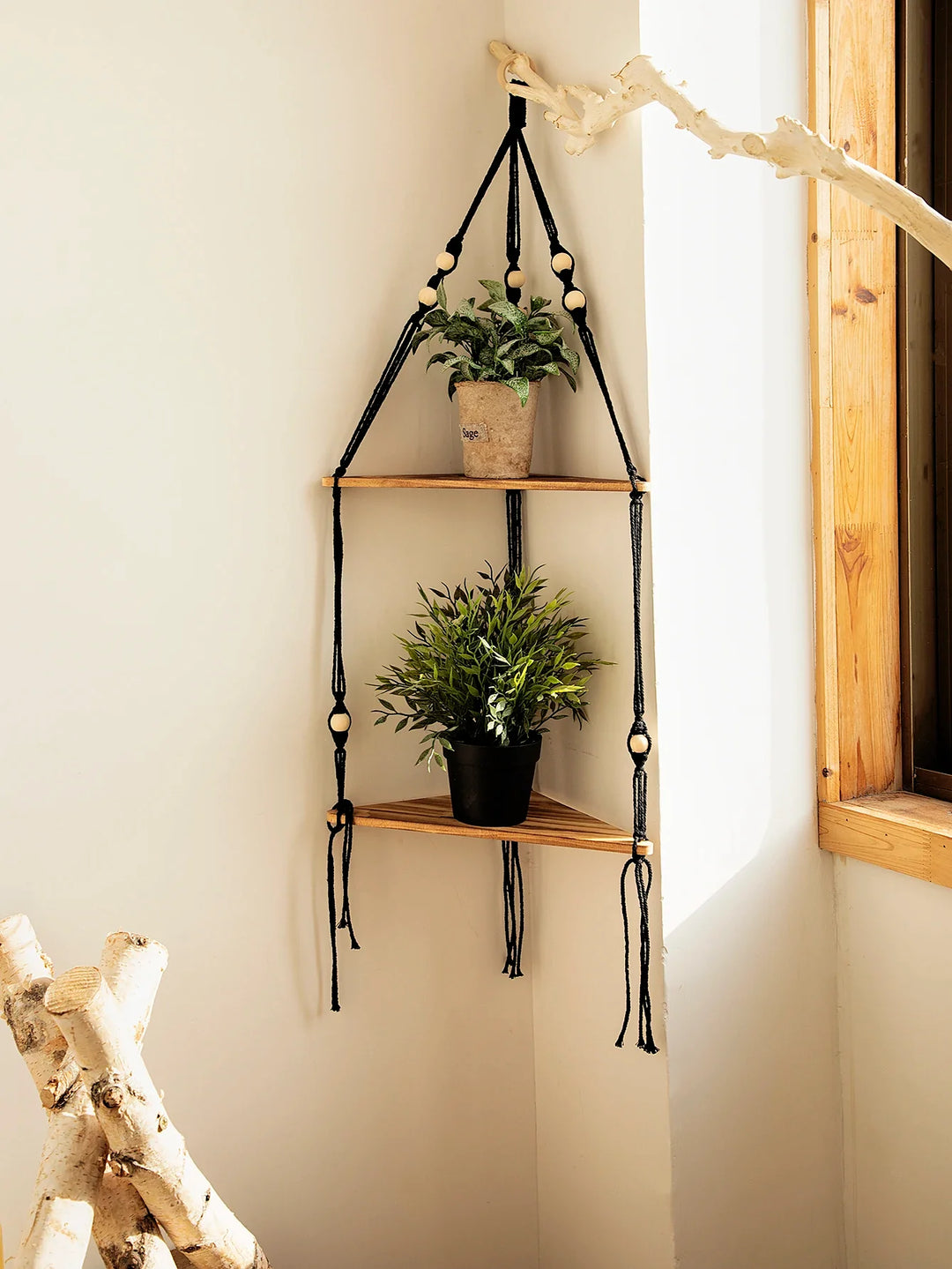 Wooden Corner Floating Macrame Shelf Boho Wall Organiser Plant Candle