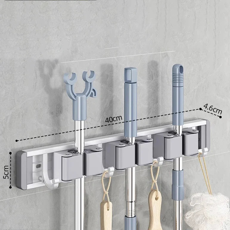 Wall Mounted Mop and Broom Holder Rack Aluminium Organiser with Hooks