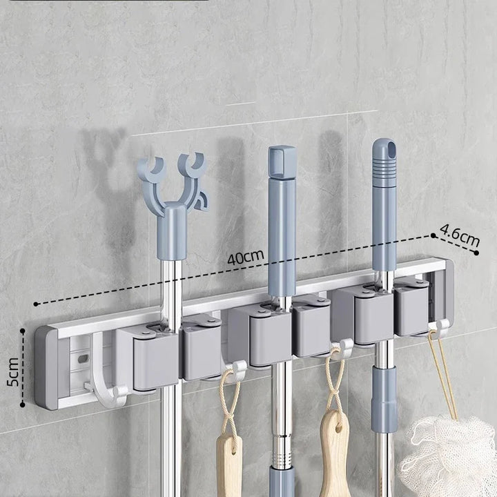 Wall Mounted Mop and Broom Holder Rack Aluminium Organiser with Hooks