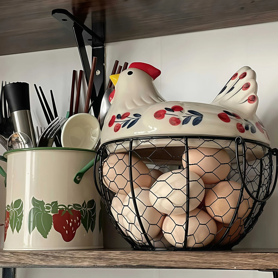Clovelle Hen Ceramic Egg Holder Basket – Farmhouse Chicken Egg