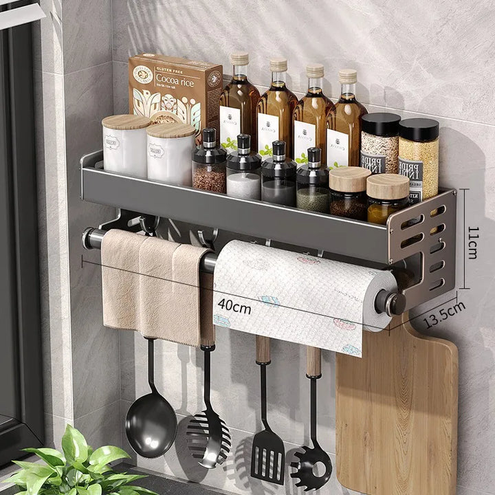 Wall Mount Utensil Holder Kitchen Storage Shelf with Hooks Spice Rack