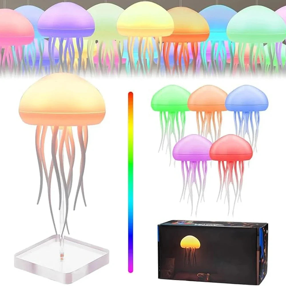 Cartoon Jellyfish LED Night Light RGB Rotating Bedside Lamp Voice