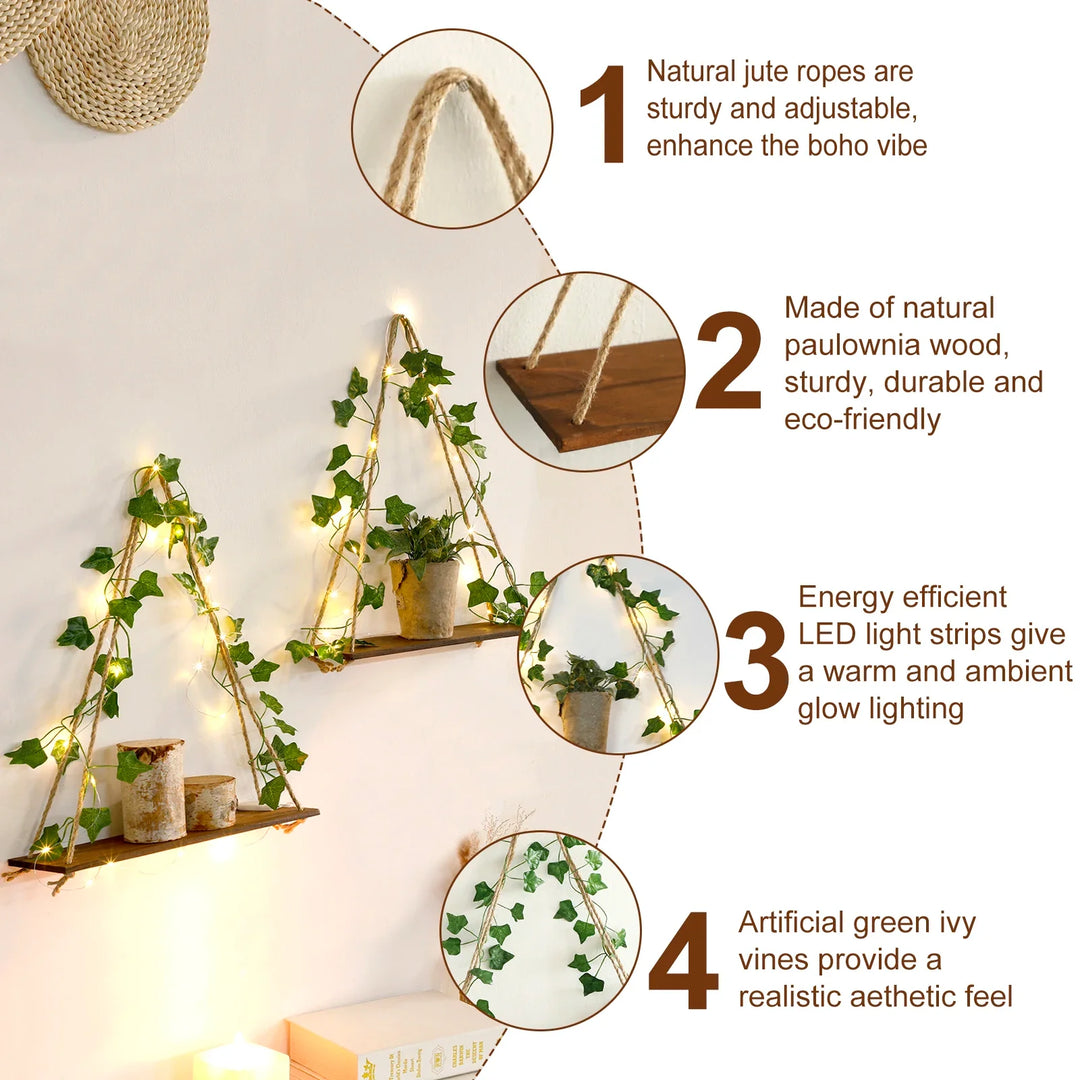 LED Floating Wall Shelf Boho Wooden Hanging Shelf with Leaf Decor