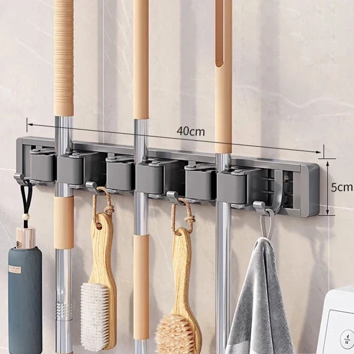 Wall Mounted Mop and Broom Holder Rack Aluminium Organiser with Hooks
