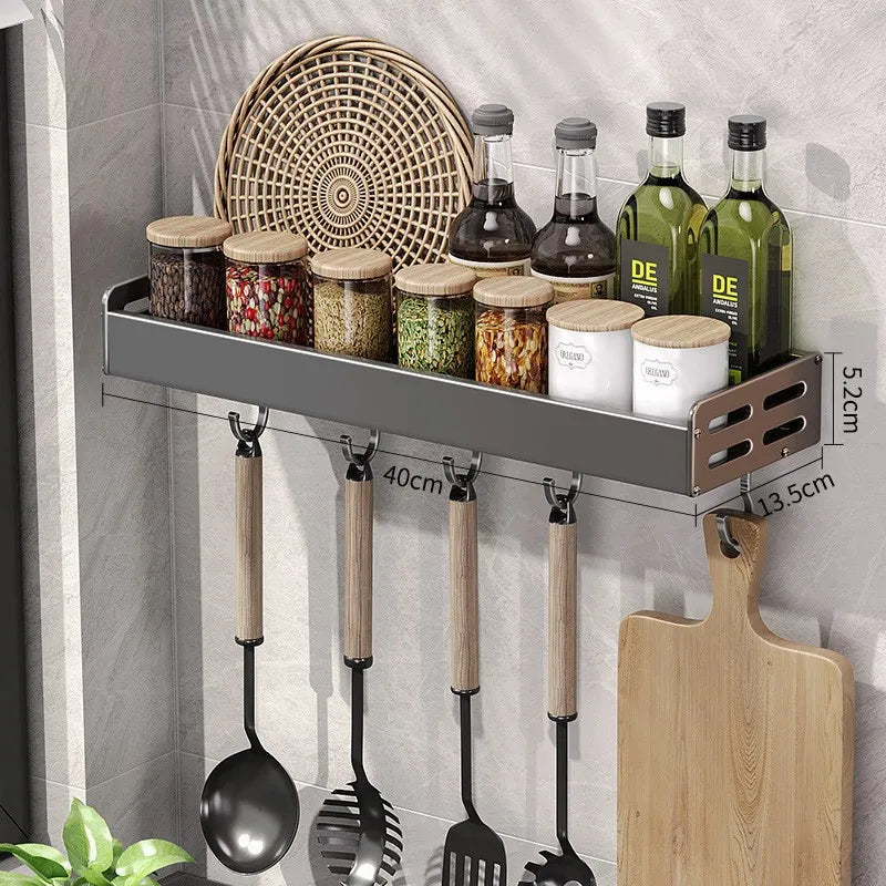 Wall Mount Utensil Holder Kitchen Storage Shelf with Hooks Spice Rack