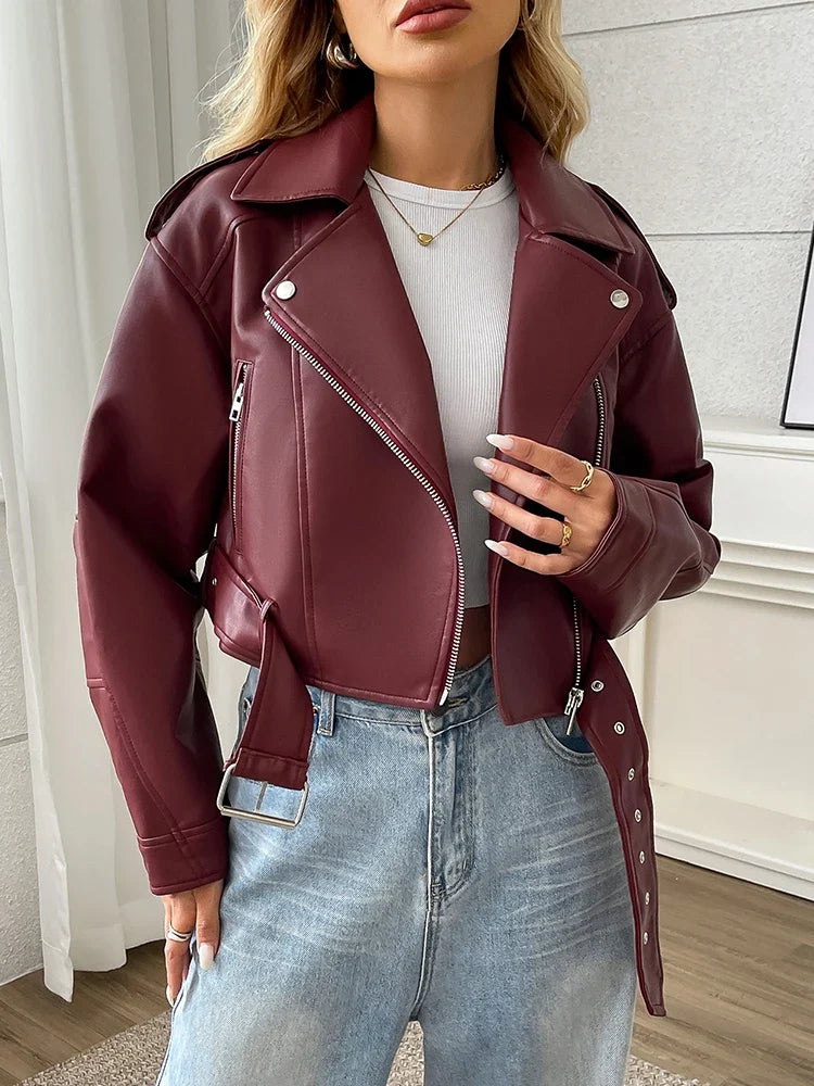 Women's Belted Zip-Through Leather-Look Jacket in Wine Red