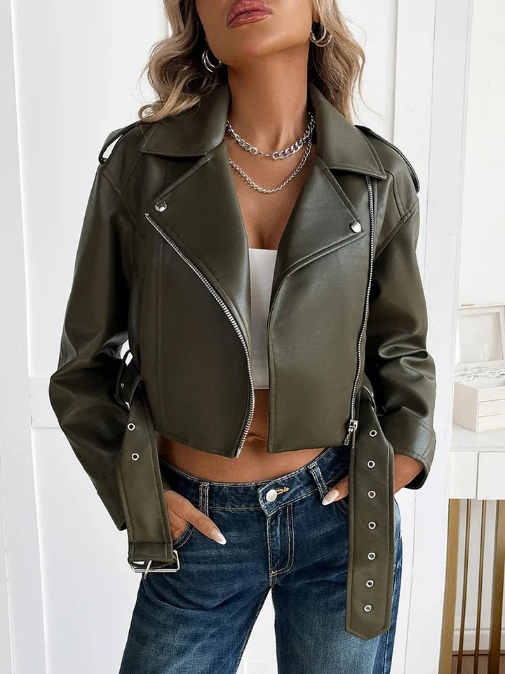 Women's Belted Zip-Through Leather-Look Jacket in Army Green